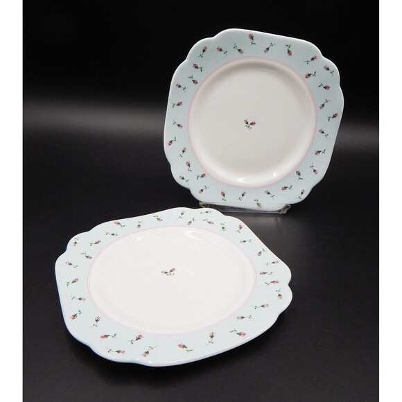 Royal Albert Rose Buds Everyday Salad Plates Square 8 Inch Scalloped Blue Edge - Picture 1 of 8